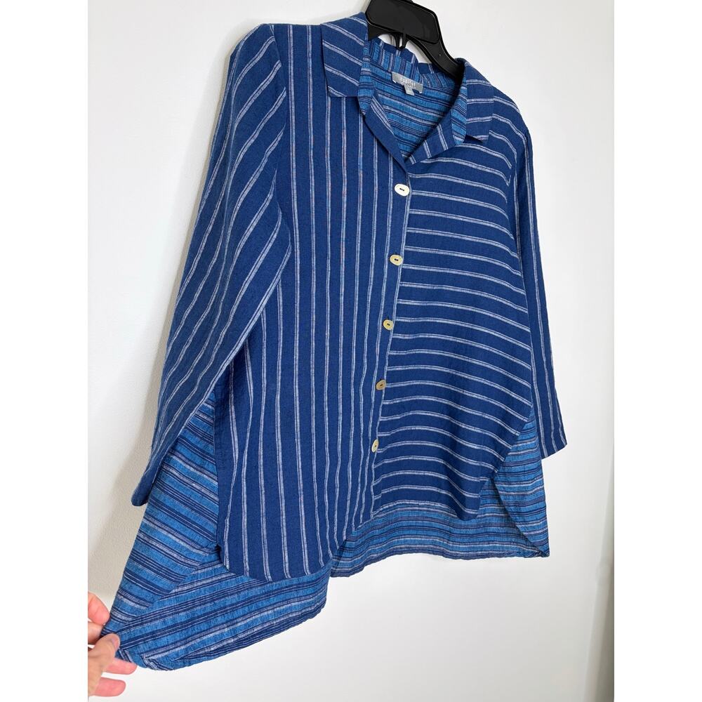 Habitat Linen Blend Striped Button Front Tunic Top Sz S Asymmetrical Coastal